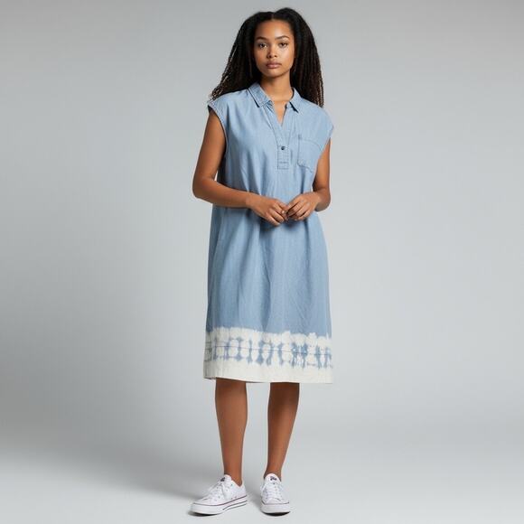 Caffe Marrekesh Dresses & Skirts - Caffe Marrakesh Women's Tencel Denim Midi Cap Sleeve Dress Tie Dye Hem - Large